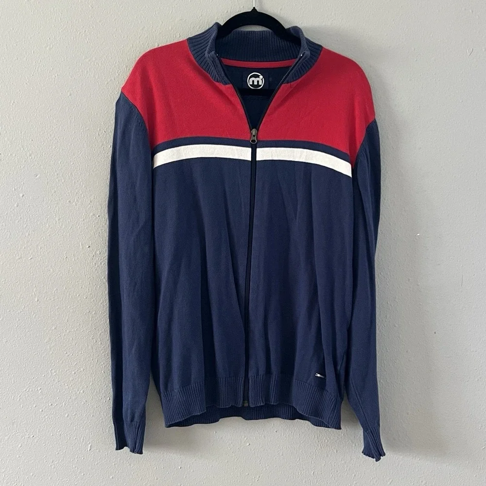 Mistral Zip Sweater Jacket Navy Red Stripe Mock Neck Large Preppy Colorblock